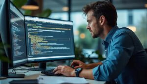 Écran d'ordinateur illustrant la cybersécurité des services bancaires français