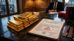 Lingot d'or posé sur des documents de succession